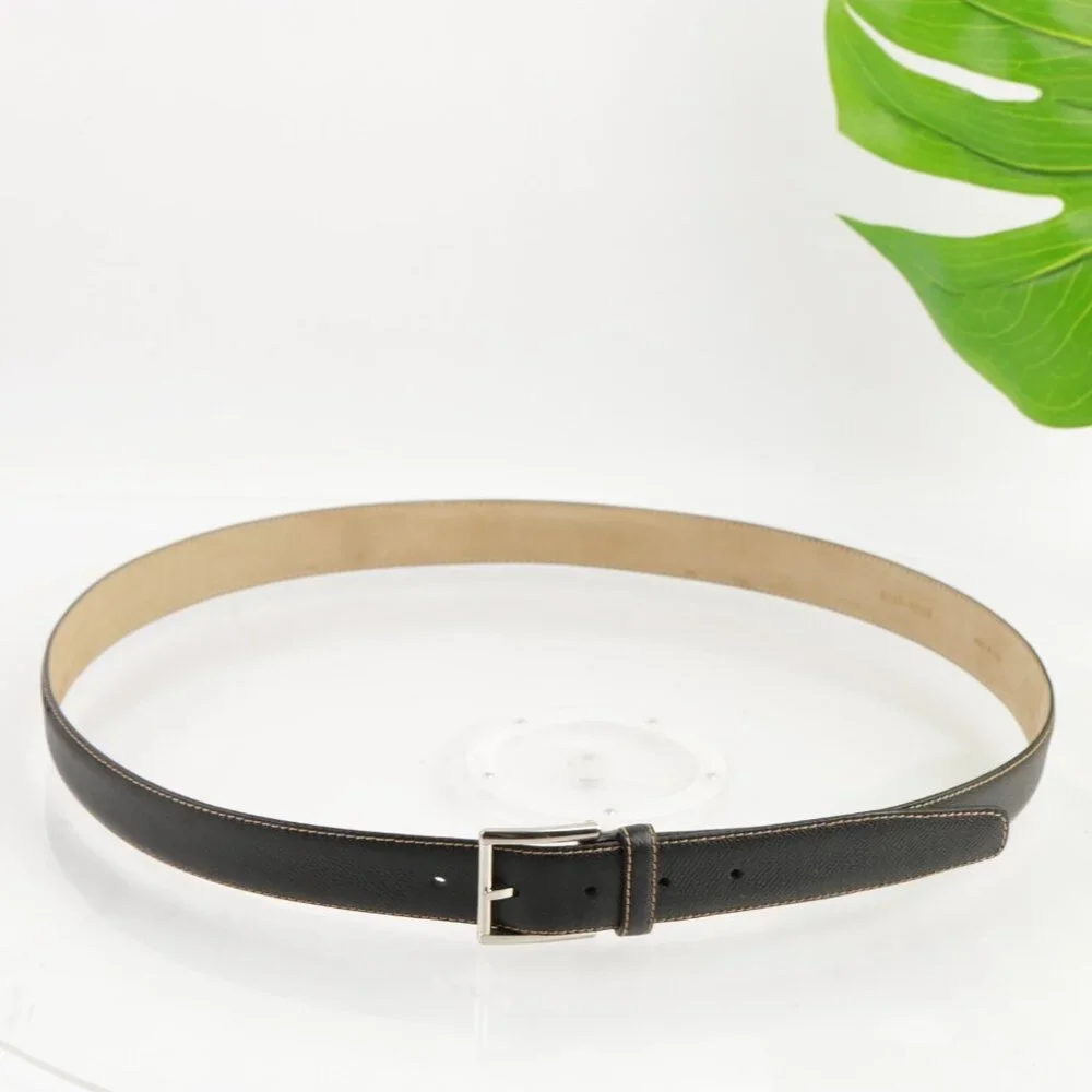 Brioni‎ Mens Belt Size 44 Black Calf Leather Tan Stitching 1 1/4